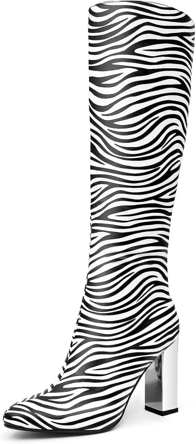 Cozivwaiy Women's Knee High Chrome Metallic Tall Boots: Heels, Block, Riding, Formal, Dress, Fancy, Zipper