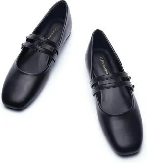 C.Paravano Mary Jane Shoes for Women | Women's Square Toe Flats | Comfort Mary Jane Flats | Slip On Dressy Ballet Flat | Leather Walking Shoes for Casual Work Office & Business (Size 11.5,Black)