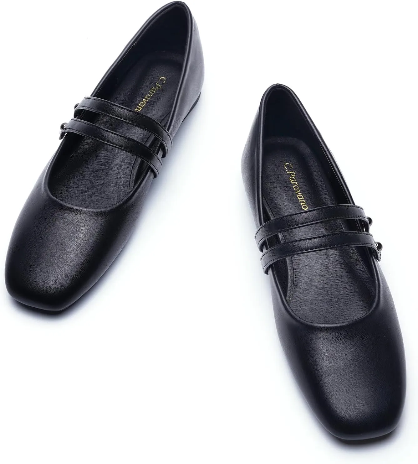 C.Paravano Mary Jane Shoes for Women | Women's Square Toe Flats | Comfort Mary Jane Flats | Slip On Dressy Ballet Flat | Leather Walking Shoes for Casual Work Office & Business (Size 11.5,Black)