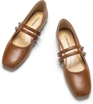 C.Paravano Mary Jane Shoes for Women, Women's Square Toe Flats, Comfortable Leather Mary Jane Flats, Slip On Dressy Ballet Flat, Brown Walking Shoes for Casual Work Office (Size 8.5,Brown)