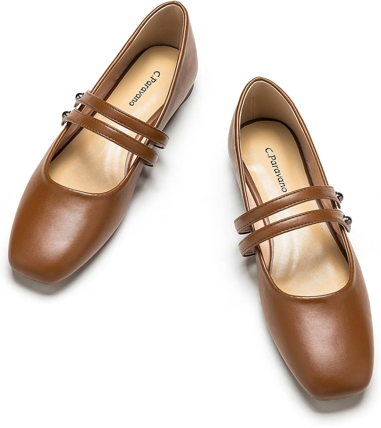 C.Paravano Mary Jane Shoes for Women, Women's Square Toe Flats, Comfortable Leather Mary Jane Flats, Slip On Dressy Ballet Flat, Brown Walking Shoes for Casual Work Office (Size 8.5,Brown)