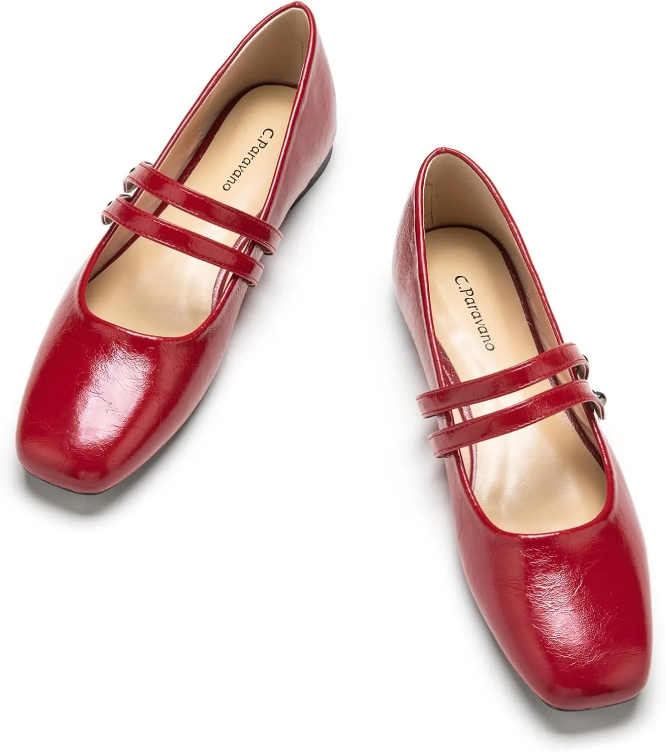 C.Paravano Mary Jane Shoes for Women, Women's Square Toe Flats, Comfortable Leather Mary Jane Flats, Slip On Dressy Ballet Flat, Walking Red Shoes for Casual Work Office (Size 7,Red)