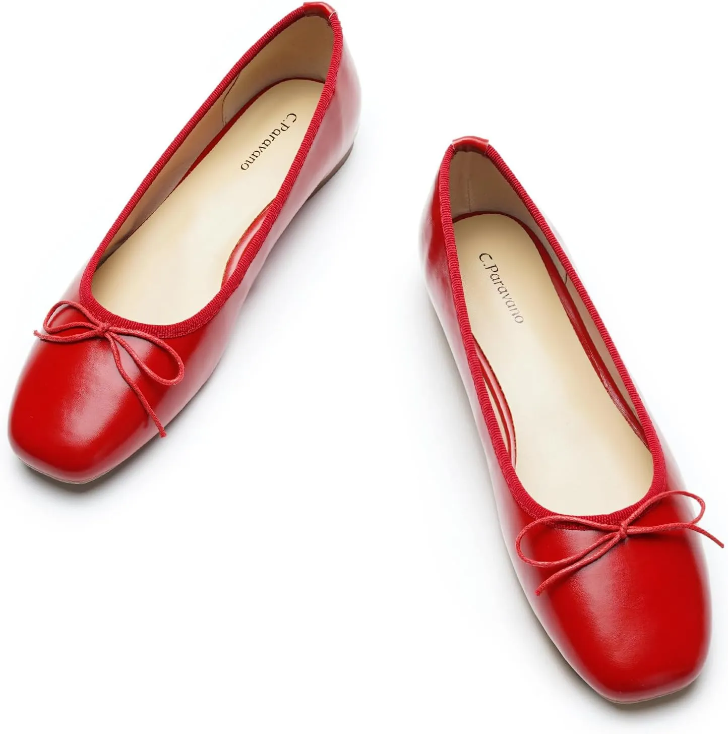 C.Paravano Women's Ballet Flats, Comfortable Slip On Round Toe Flat Shoes, Casual Walking Red Shoes for Women, Slip-On Bow Dressy Flats for Work Office & Business (Size 9.5,Red)