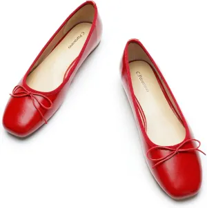 C.Paravano Women's Ballet Flats, Comfortable Slip On Round Toe Flat Shoes, Casual Walking Red Shoes for Women, Slip-On Bow Dressy Flats for Work Office & Business (Size 9.5,Red)