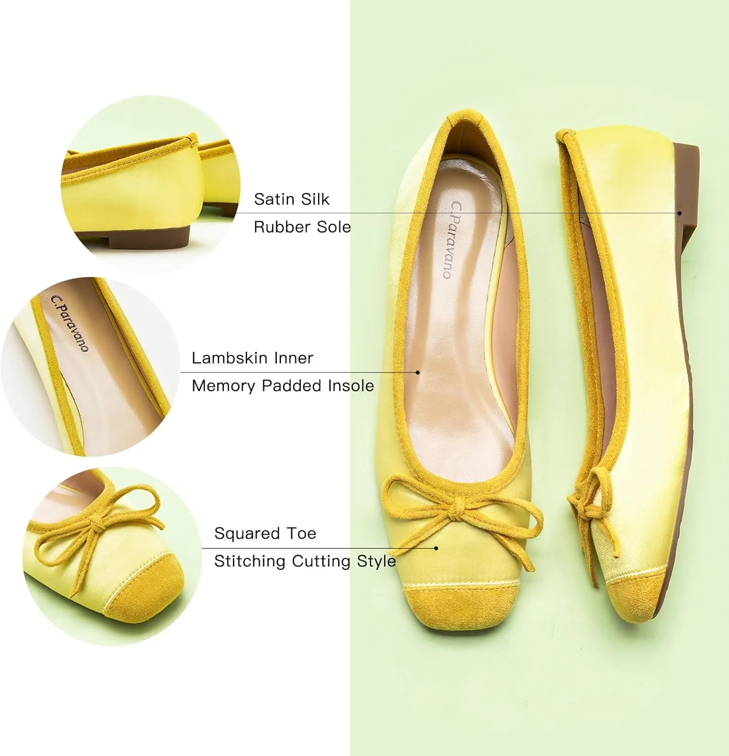 C.Paravano Women's Flats with Bowknot | Casual Slip On Dress Shoes | Comfortable Square Toe Shoes | Women Ballet Flats for Wedding Work Office Business