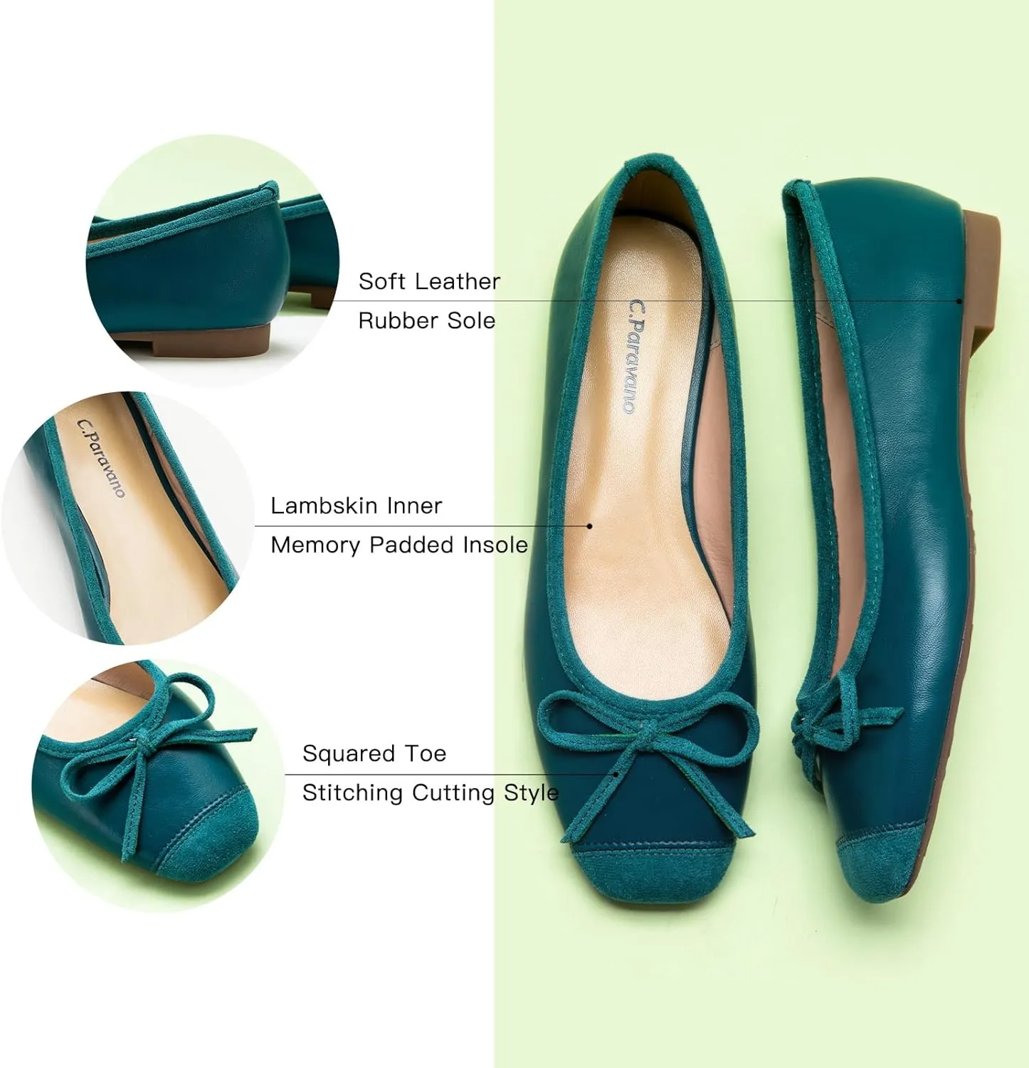C.Paravano Women's Flats with Bowknot | Casual Slip On Dress Shoes | Comfortable Square Toe Shoes | Women Ballet Flats for Wedding Work Office Business