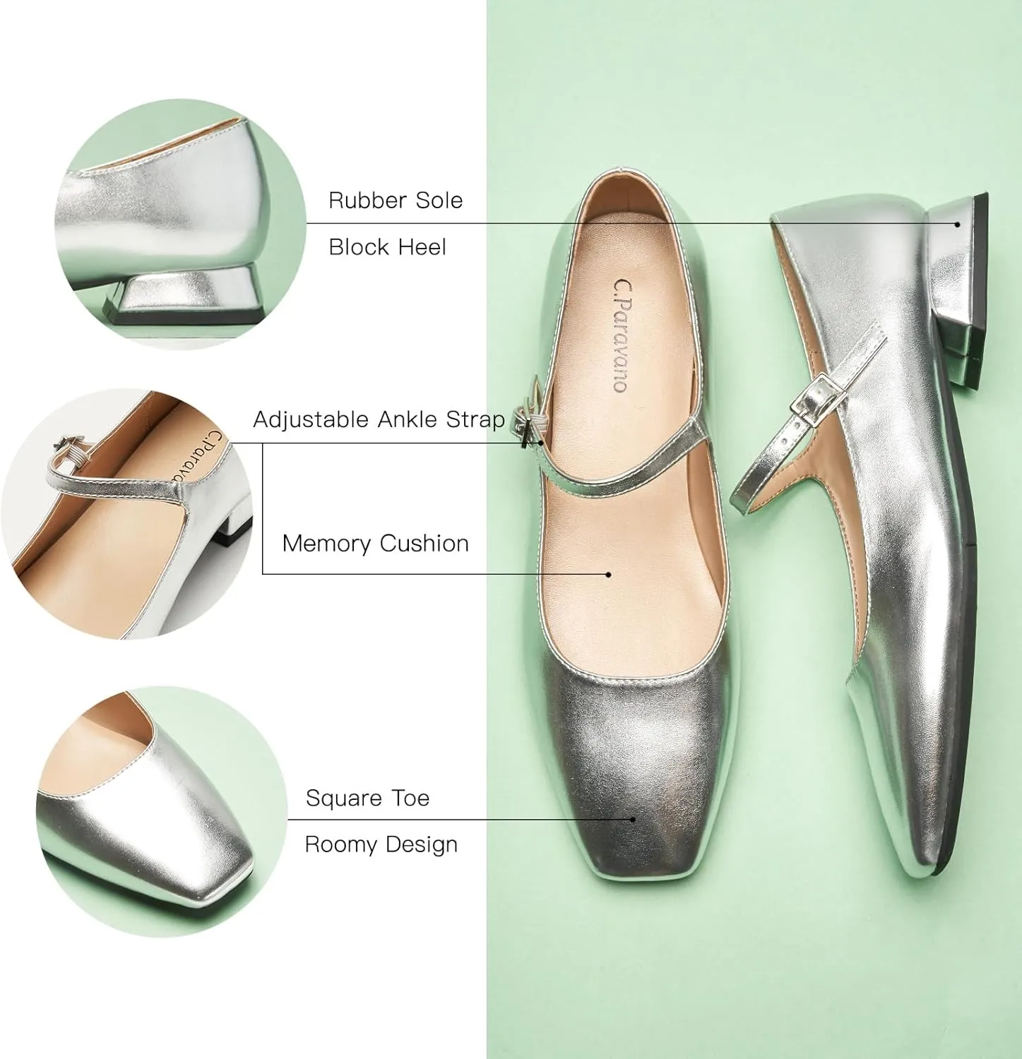 C.Paravano Women's Mary Jane Flats Adjustable Strap & Square Toe | Memory Foam Comfort | Perfect for Office, Weddings, Travel