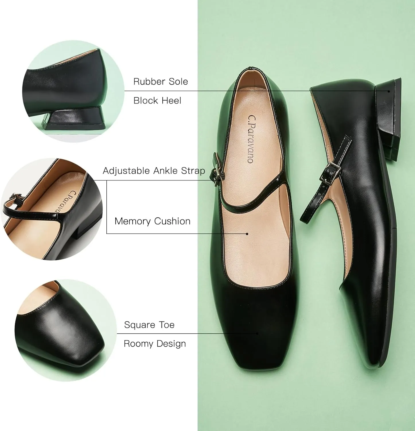 C.Paravano Women's Mary Jane Flats Adjustable Strap & Square Toe | Memory Foam Comfort | Perfect for Office, Weddings, Travel