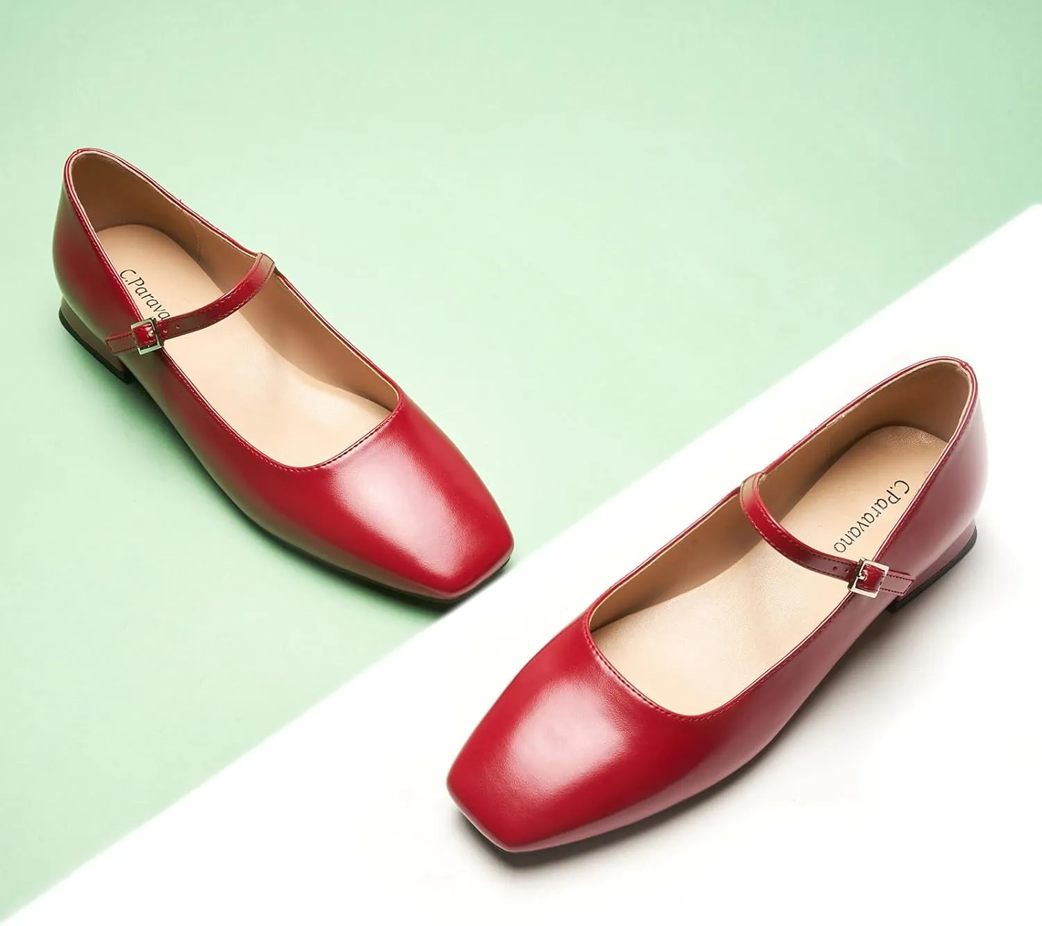 C.Paravano Women's Mary Jane Flats Adjustable Strap & Square Toe | Memory Foam Comfort | Perfect for Office, Weddings, Travel