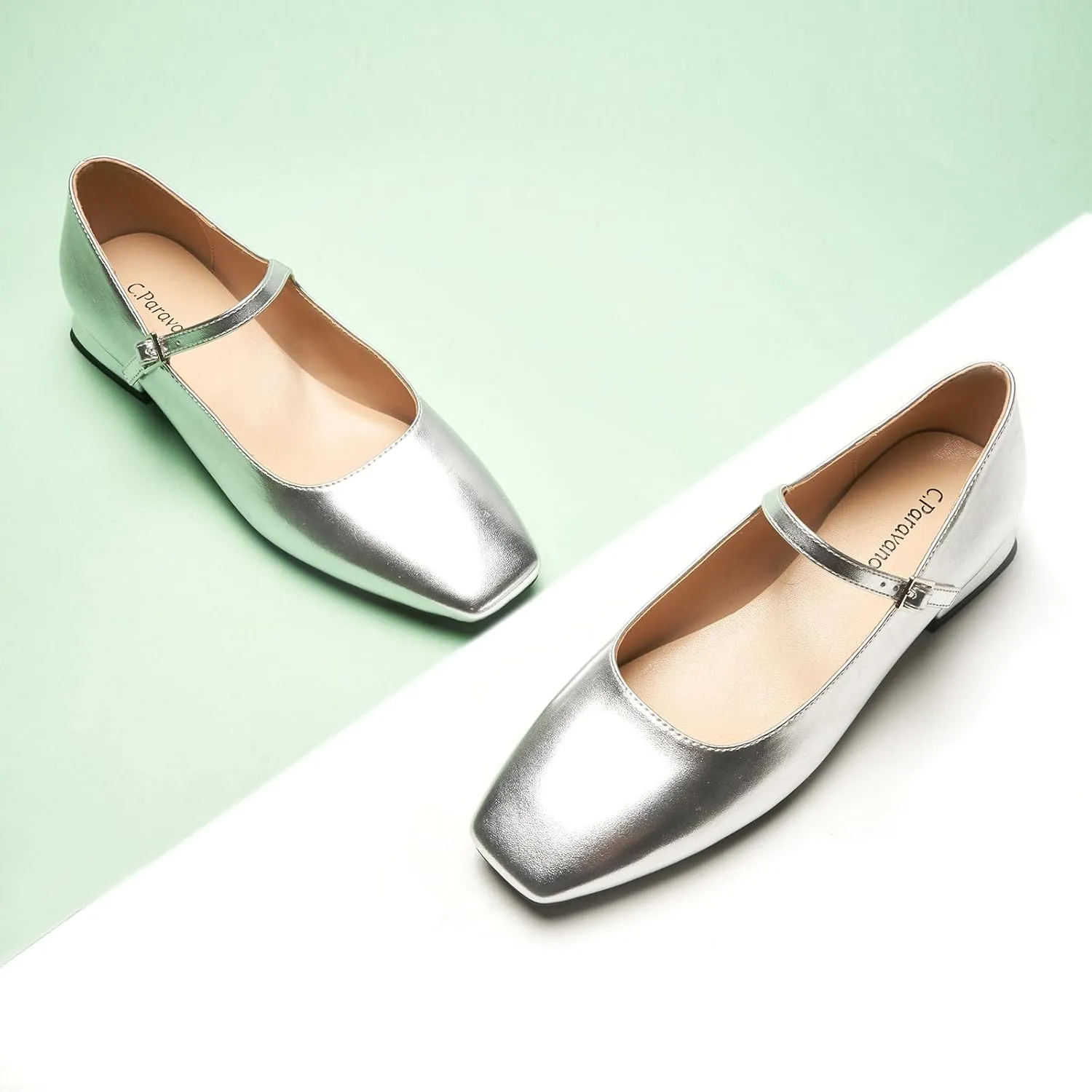 C.Paravano Women's Mary Jane Flats Adjustable Strap & Square Toe | Memory Foam Comfort | Perfect for Office, Weddings, Travel