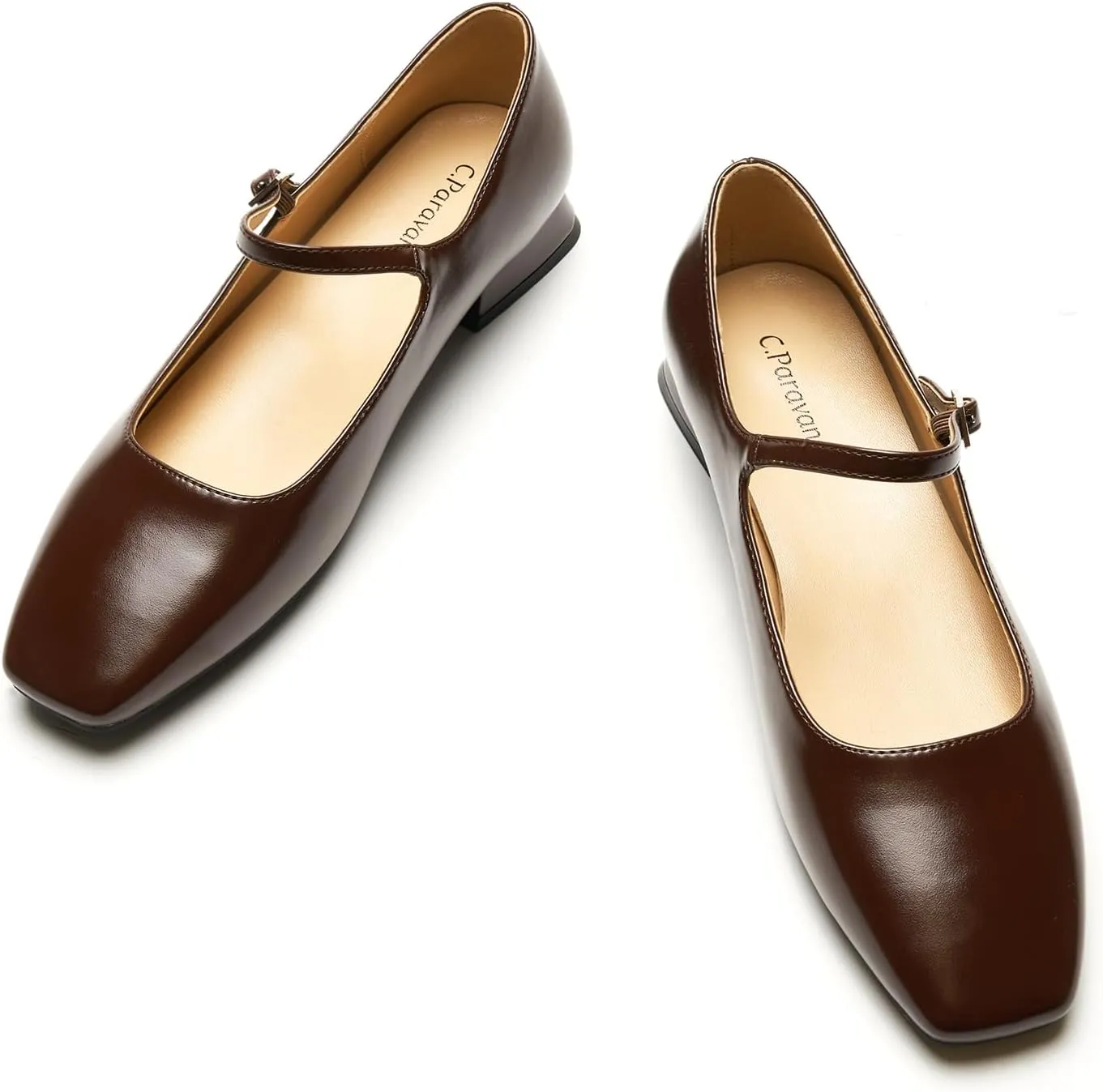 C.Paravano Women's Mary Jane Flats Adjustable Strap & Square Toe | Memory Foam Comfort | Perfect for Office, Weddings, Travel