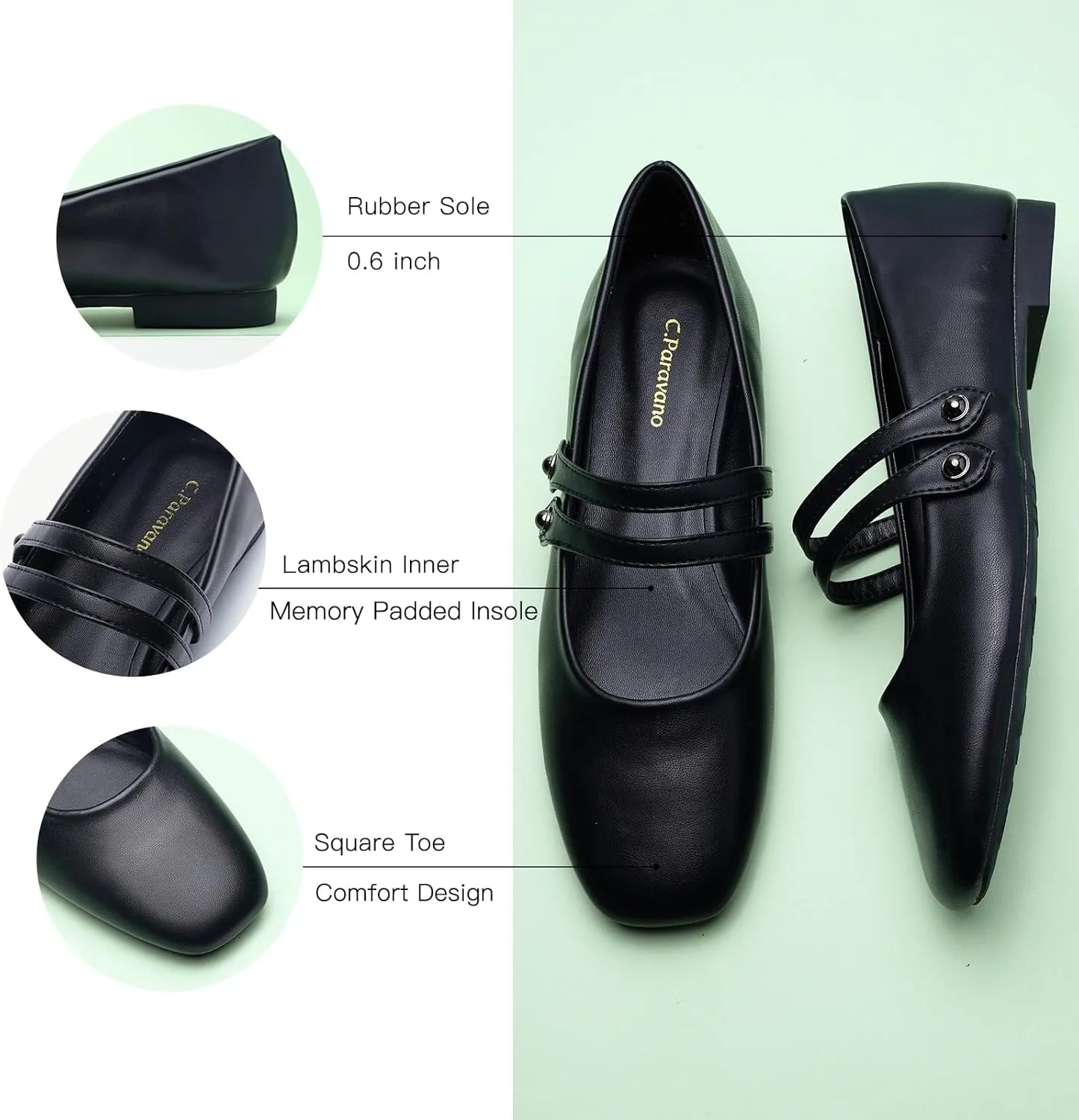 C.Paravano Women's Mary Jane Flats | Closed Toe Mary Jane Shoes for Women | Slip On Mary Janes Ballet Flats | Dress Strap Shoes for Casual Work Office & Wedding Business