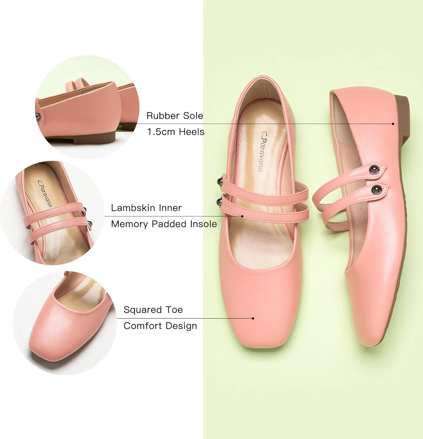 C.Paravano Women's Mary Jane Flats | Closed Toe Mary Jane Shoes for Women | Slip On Mary Janes Ballet Flats | Dress Strap Shoes for Casual Work Office & Wedding Business
