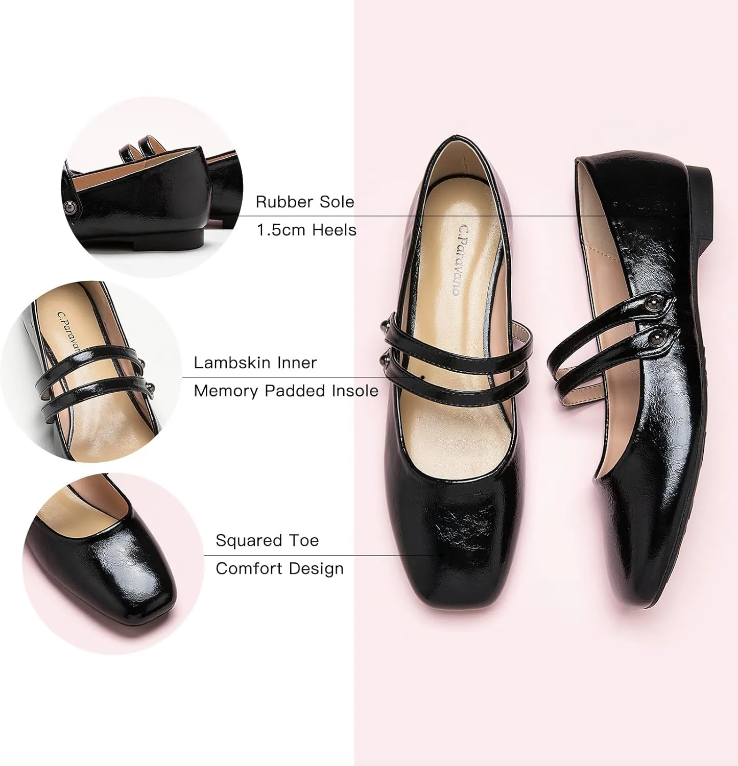 C.Paravano Women's Mary Jane Flats | Closed Toe Mary Jane Shoes for Women | Slip On Mary Janes Ballet Flats | Dress Strap Shoes for Casual Work Office & Wedding Business