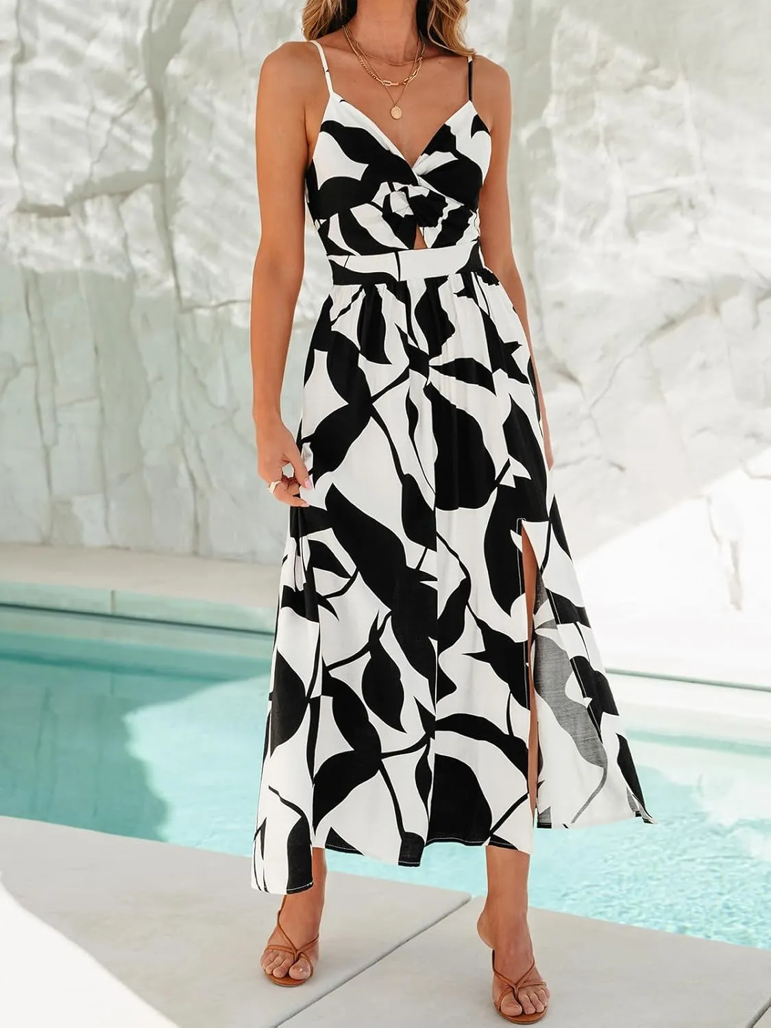 CUPSHE Women's Maxi Dress Floral Print Twisted V Neck Sleeveless Long Dress Summer Casual Dress
