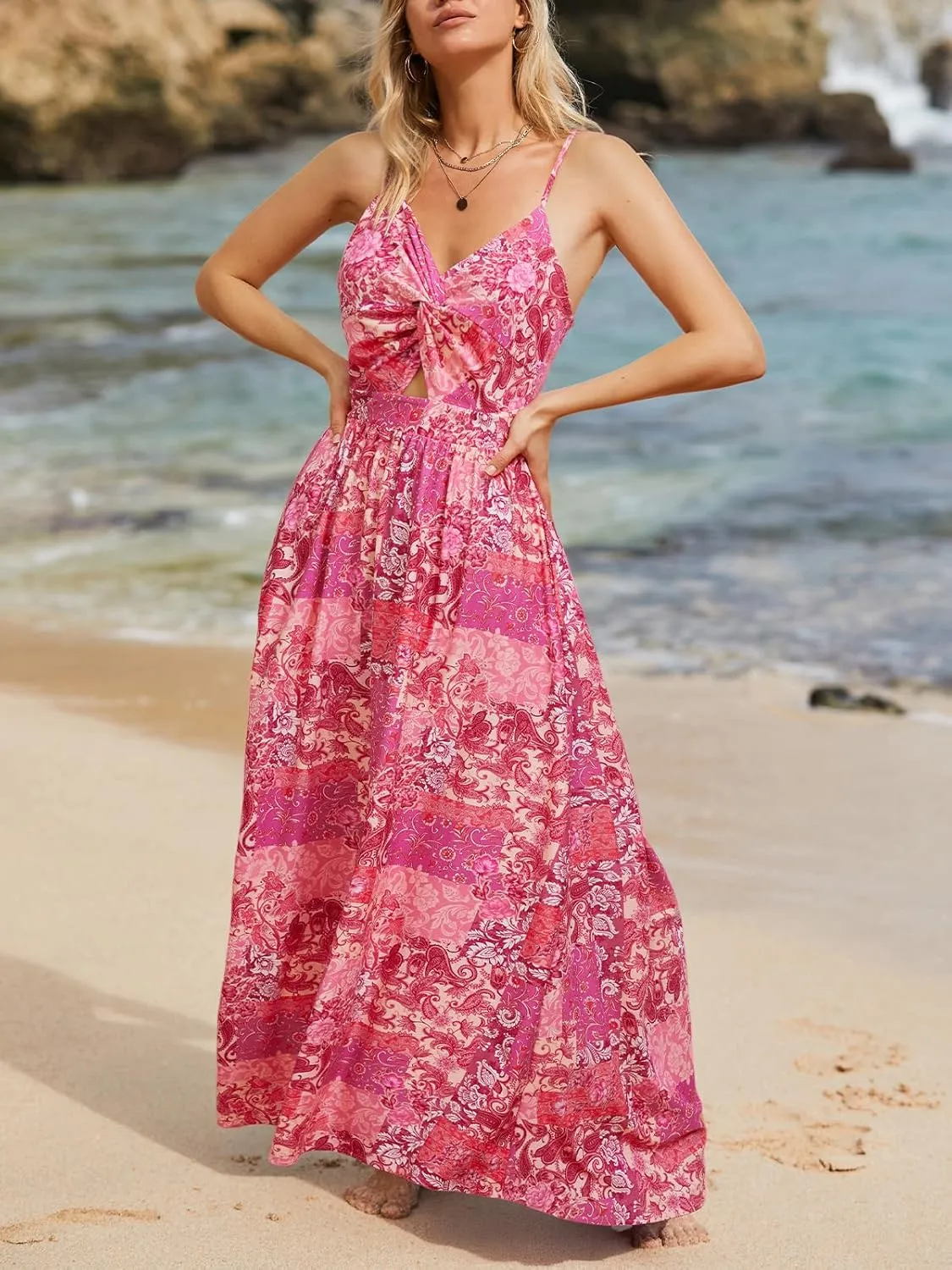 CUPSHE Women's Maxi Dress Floral Print Twisted V Neck Sleeveless Long Dress Summer Casual Dress