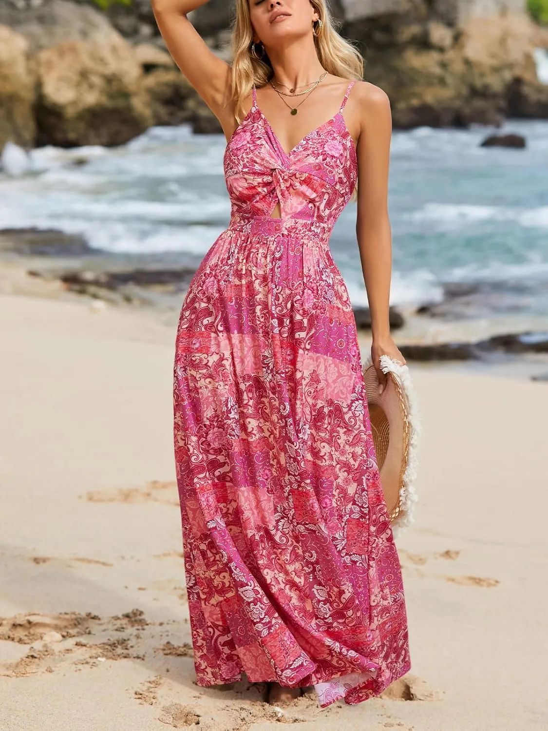 CUPSHE Women's Maxi Dress Floral Print Twisted V Neck Sleeveless Long Dress Summer Casual Dress