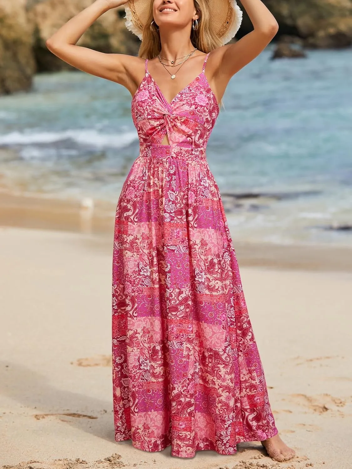 CUPSHE Women's Maxi Dress Floral Print Twisted V Neck Sleeveless Long Dress Summer Casual Dress