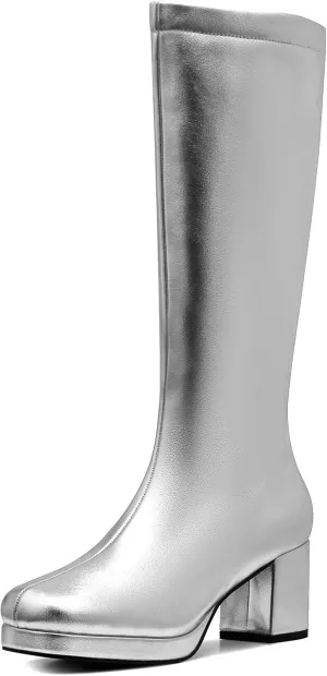 CYNLLIO Mid Calf Boots for Women Chunky High Heels Platform Boots Fashion PU Leather Solid Color Cosplay Dress Boots