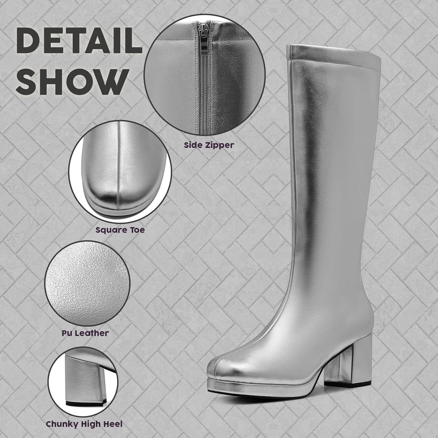 CYNLLIO Mid Calf Boots for Women Chunky High Heels Platform Boots Fashion PU Leather Solid Color Cosplay Dress Boots