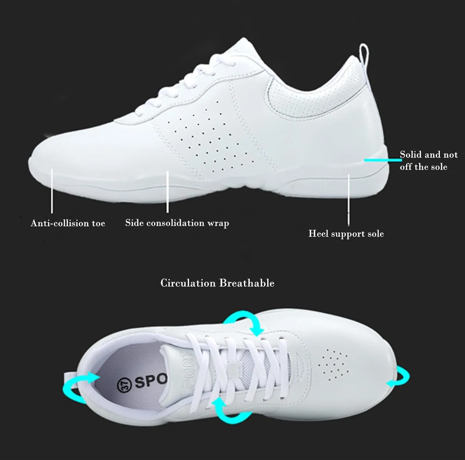 DADAWEN Girls White Cheer Shoes Youth Cheerleading Shoes Dance Athletic Training Tennis Lightweight Competition for Women Cheer Sneakers