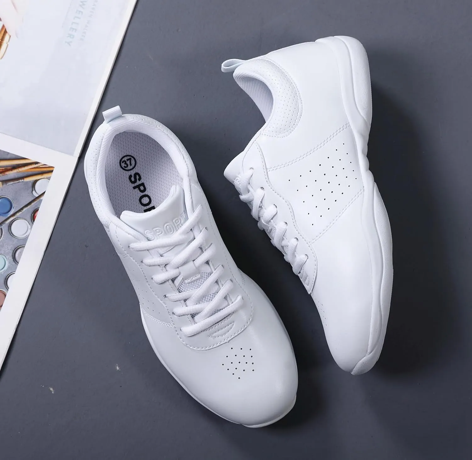 DADAWEN Girls White Cheer Shoes Youth Cheerleading Shoes Dance Athletic Training Tennis Lightweight Competition for Women Cheer Sneakers