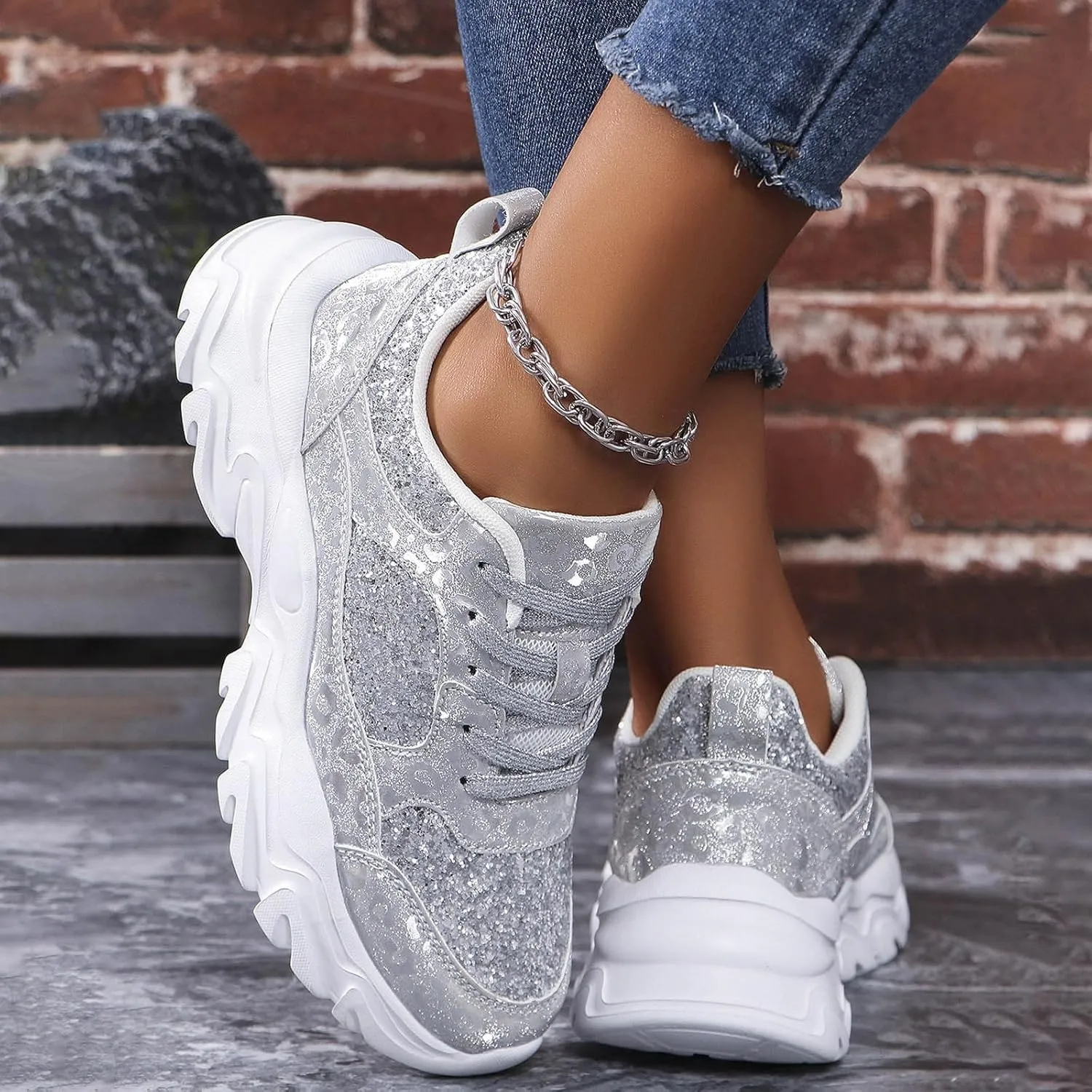 Damen Pailletten Sneakers Plateau Trainer Schuhe Walkingschuhe Freizeitschuhe Atmungsaktiv Indoor Soccer Shoes Women 6