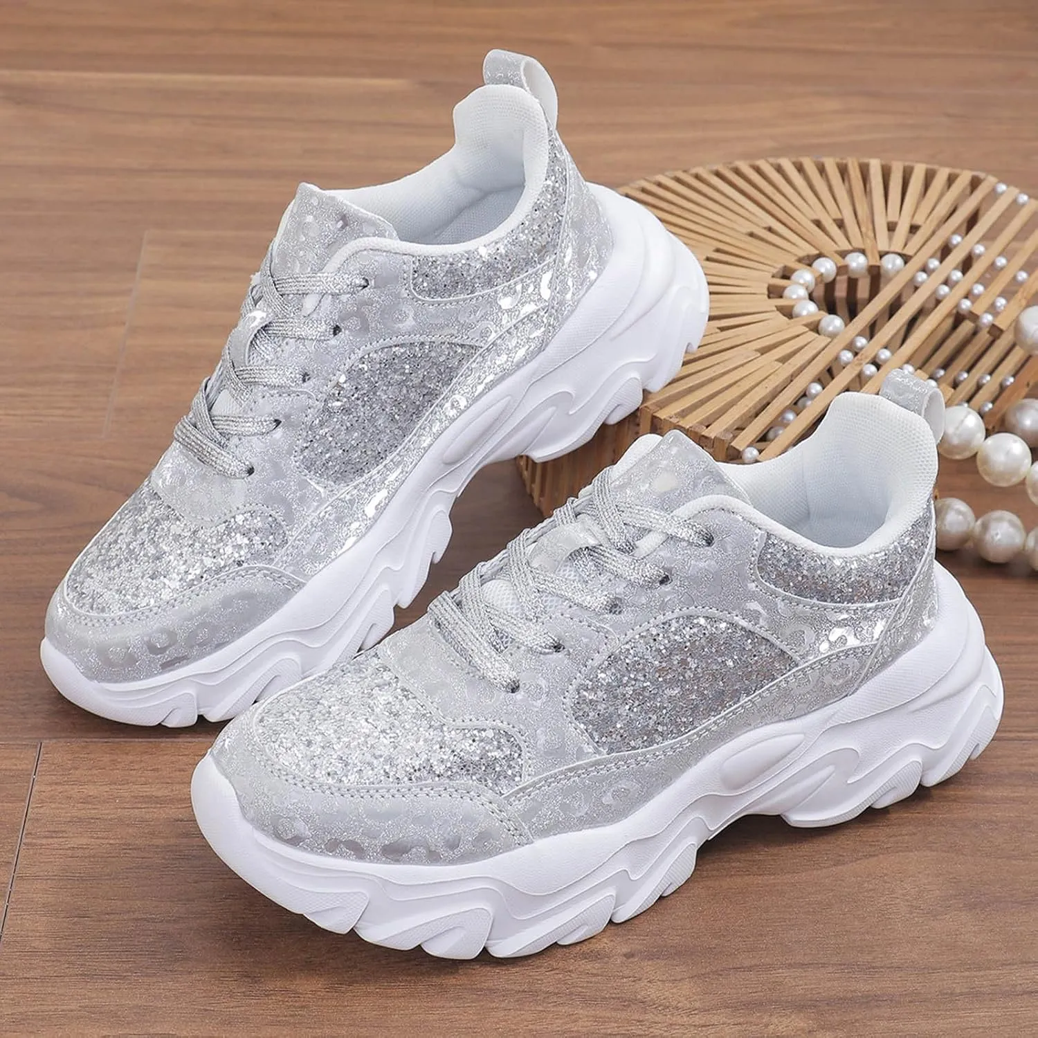 Damen Pailletten Sneakers Plateau Trainer Schuhe Walkingschuhe Freizeitschuhe Atmungsaktiv Indoor Soccer Shoes Women 6