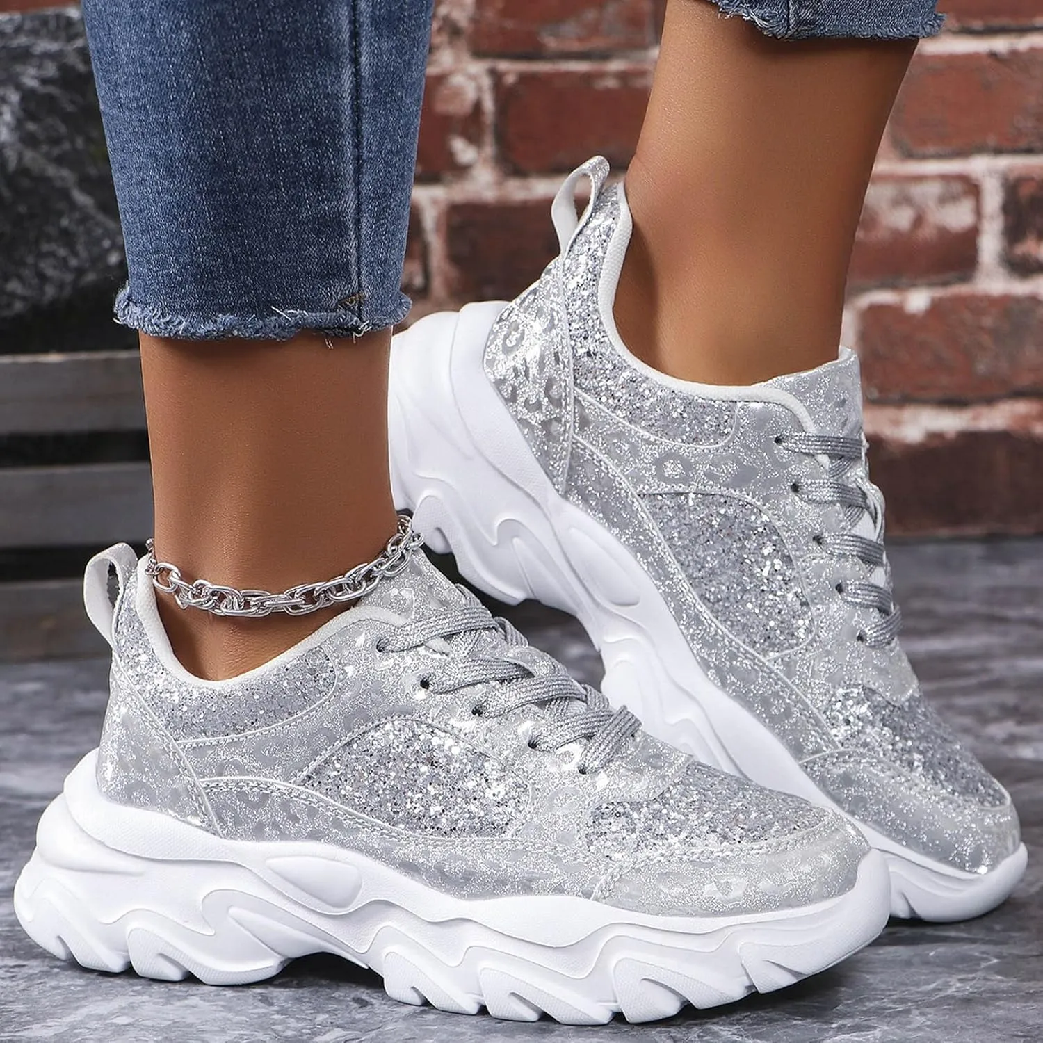 Damen Pailletten Sneakers Plateau Trainer Schuhe Walkingschuhe Freizeitschuhe Atmungsaktiv Indoor Soccer Shoes Women 6