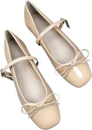 Dear Time Women's Square Toe Bow Mary Jane Shoes Retro Flats Comfortable Ballet Flats Dressy Mary Janes for Women