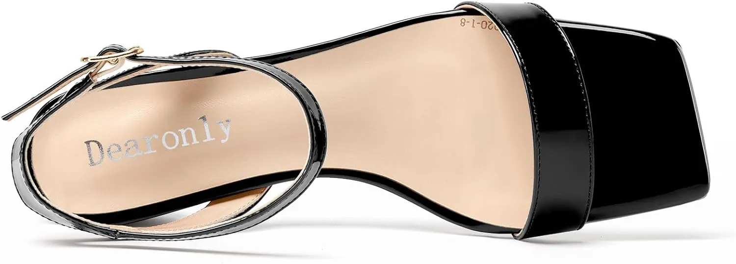 DearOnly Womens Chunky Block Low Heel Square Toe Ankle Strap Sandals Slingback Patent Leather Buckle Summer Dress Shoes 1.2 Inches Heels