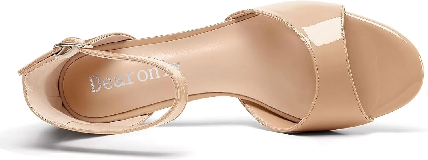 DearOnly Womens Low Block Heel Sexy Ankle Strap Open Toe Sandals Patent Leather Basic Classic Buckle Prom Casual Dress Shoes 1.2 Inches Heels