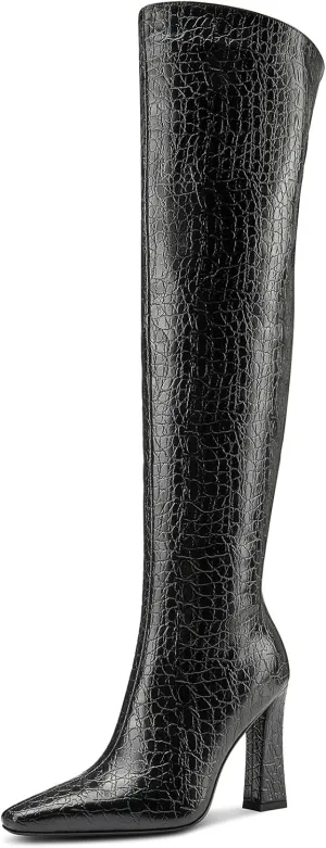 DearOnly Womens Pointed Toe Thigh High Boots Chunky Block Heel Over The Knee High Boots Zipper Sexy Fashion High Heel Long Boots 3.9 Inches Heels