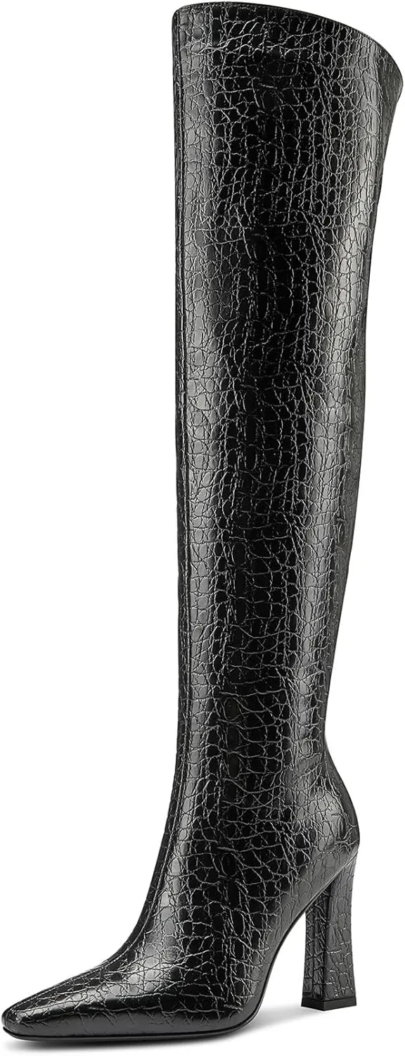 DearOnly Womens Pointed Toe Thigh High Boots Chunky Block Heel Over The Knee High Boots Zipper Sexy Fashion High Heel Long Boots 3.9 Inches Heels