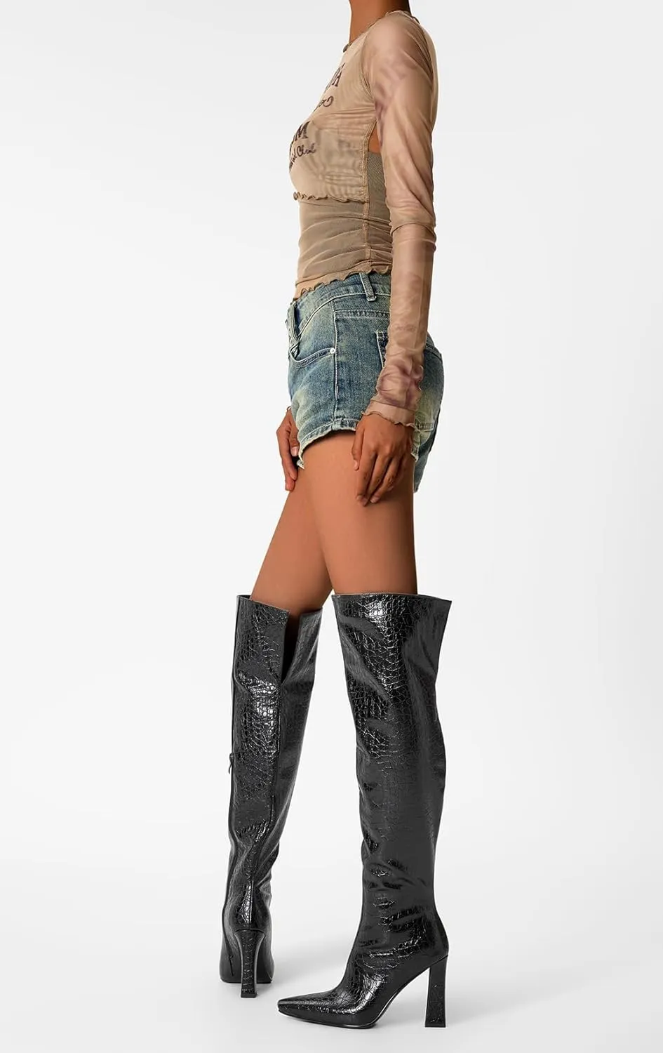 DearOnly Womens Pointed Toe Thigh High Boots Chunky Block Heel Over The Knee High Boots Zipper Sexy Fashion High Heel Long Boots 3.9 Inches Heels