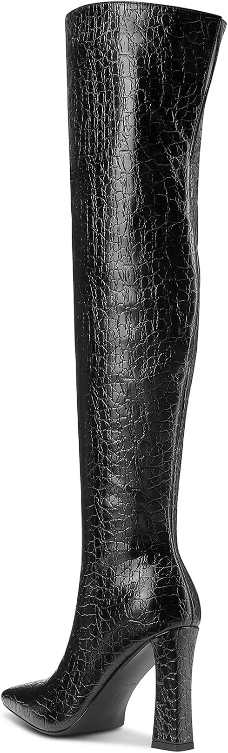 DearOnly Womens Pointed Toe Thigh High Boots Chunky Block Heel Over The Knee High Boots Zipper Sexy Fashion High Heel Long Boots 3.9 Inches Heels