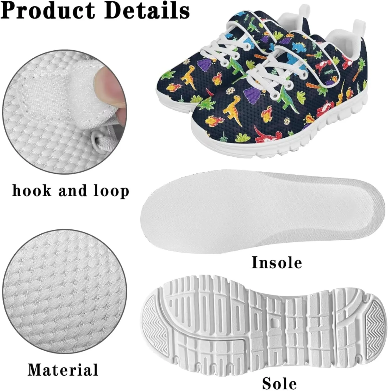Dinosaur Print Boys Athletic Running Sneakers for Kids Hook & Loop Hiking Sneaker Fitness Shoes