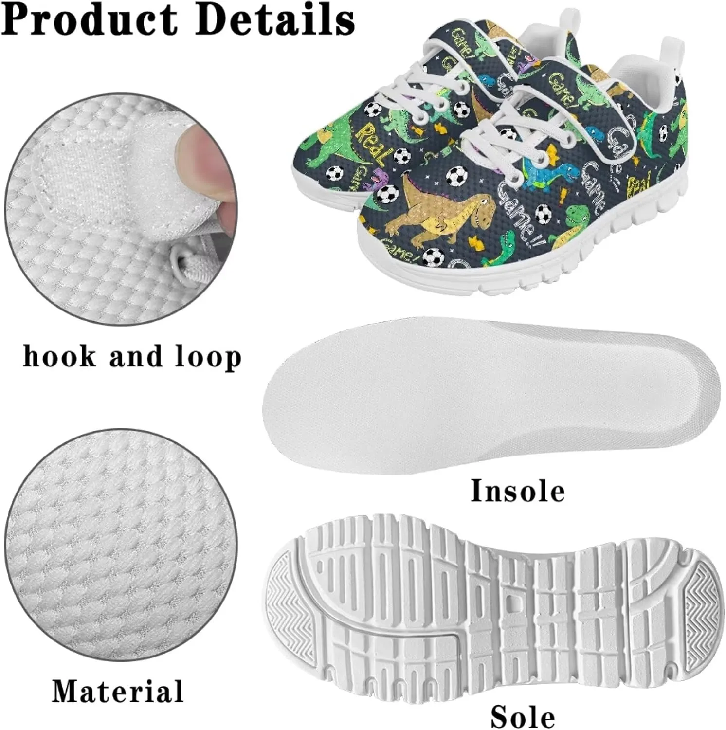Dinosaur Print Boys Athletic Running Sneakers for Kids Hook & Loop Hiking Sneaker Fitness Shoes