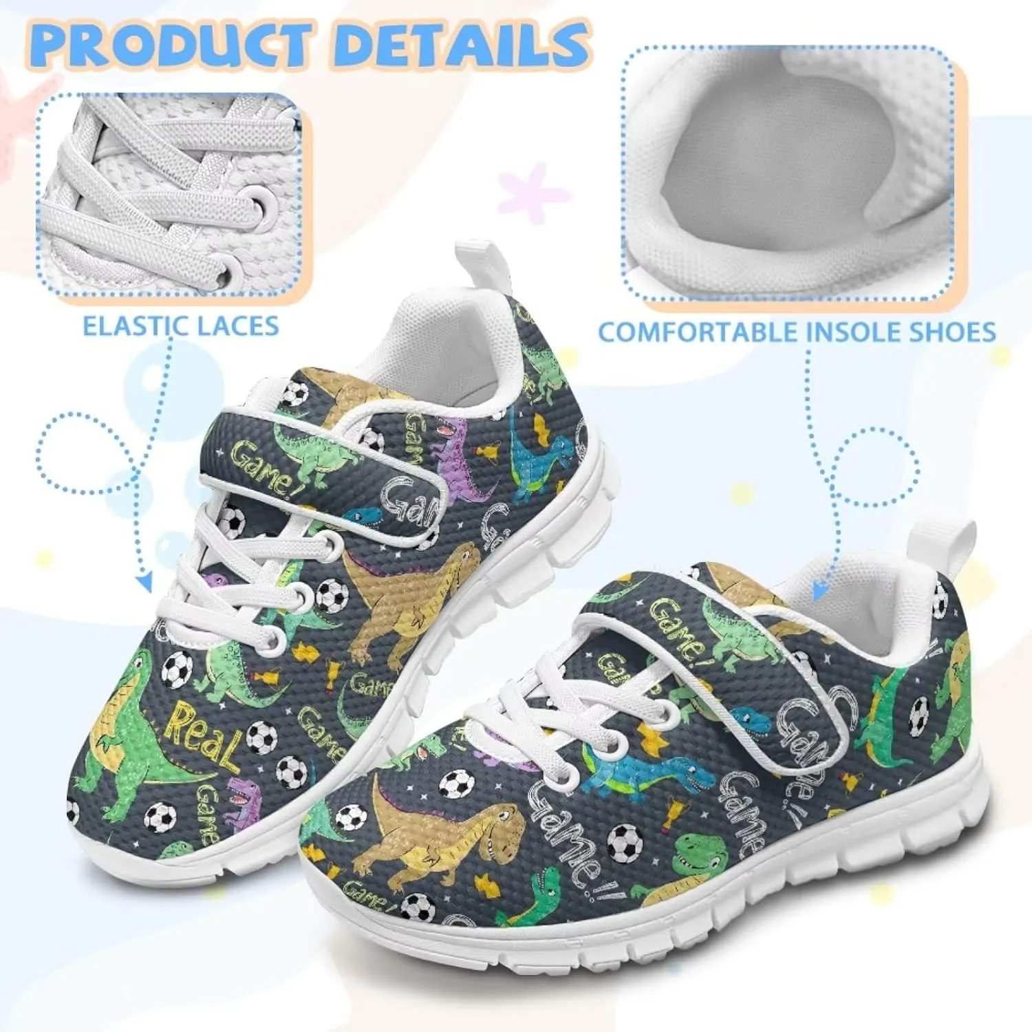 Dinosaur Print Boys Athletic Running Sneakers for Kids Hook & Loop Hiking Sneaker Fitness Shoes