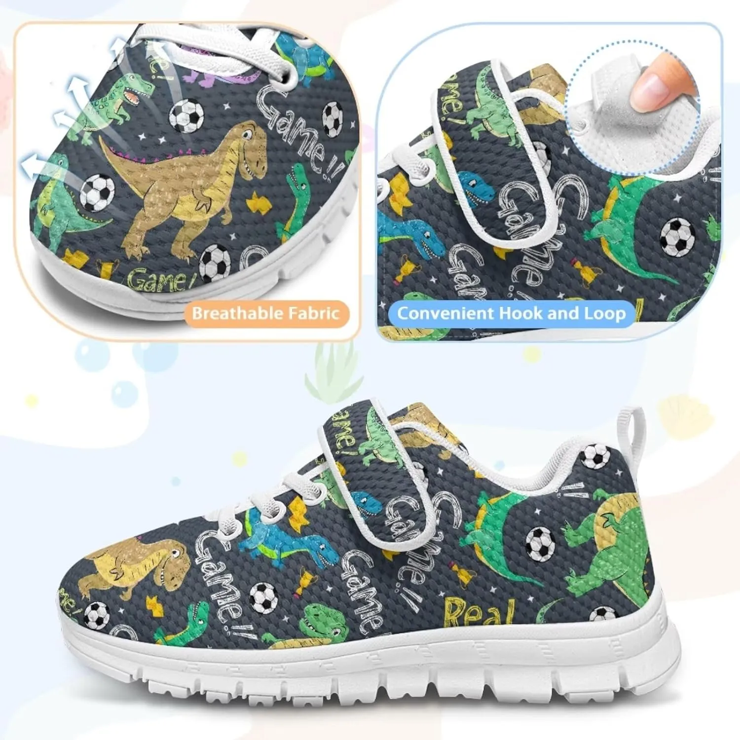 Dinosaur Print Boys Athletic Running Sneakers for Kids Hook & Loop Hiking Sneaker Fitness Shoes