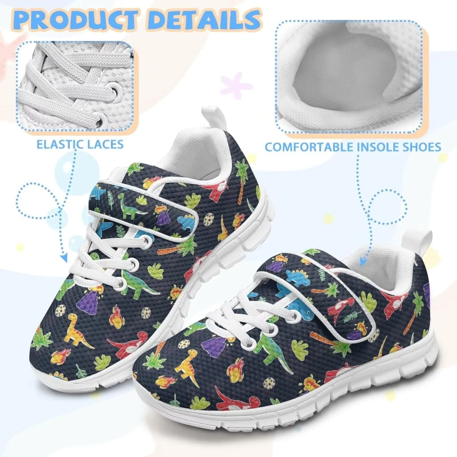 Dinosaur Print Boys Athletic Running Sneakers for Kids Hook & Loop Hiking Sneaker Fitness Shoes