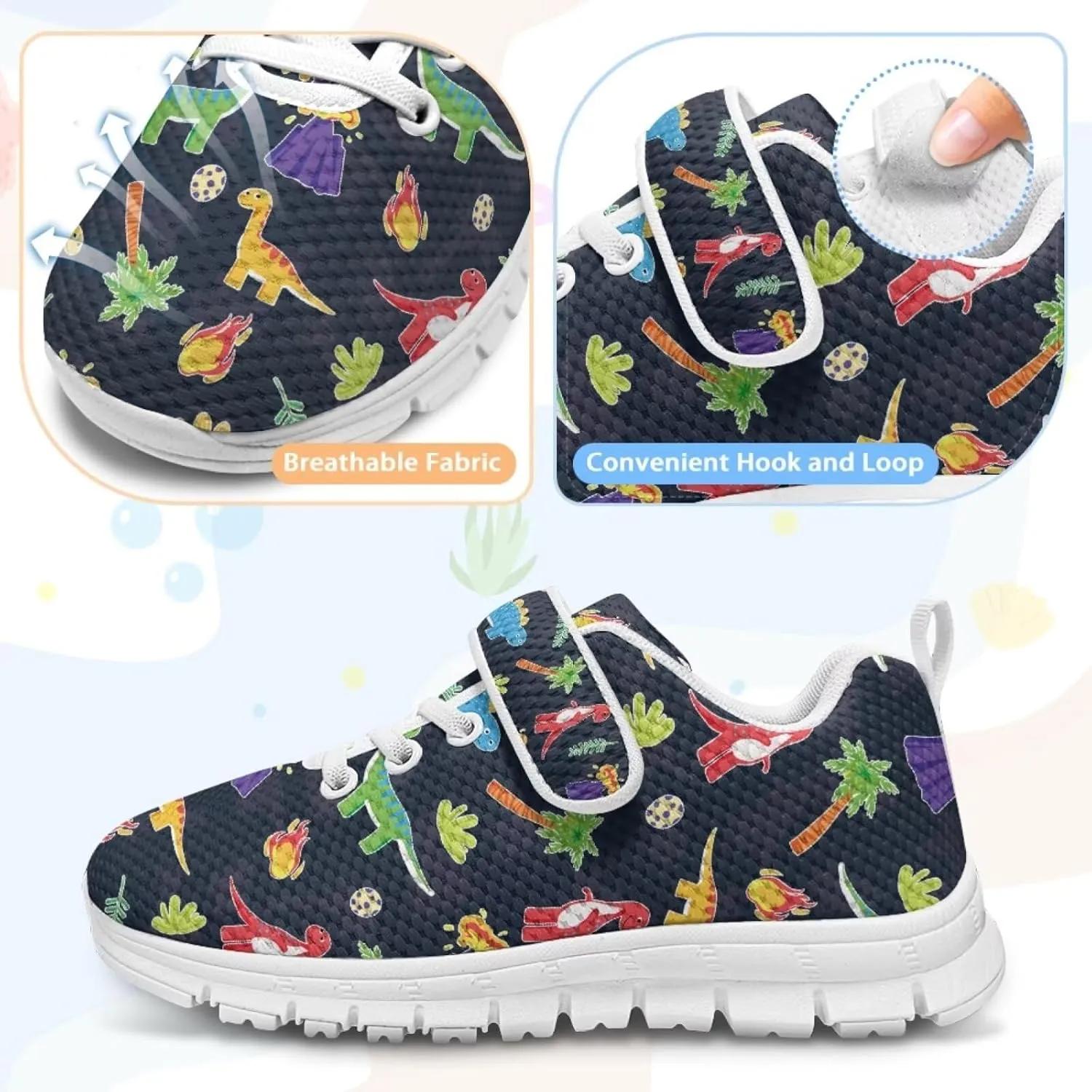 Dinosaur Print Boys Athletic Running Sneakers for Kids Hook & Loop Hiking Sneaker Fitness Shoes