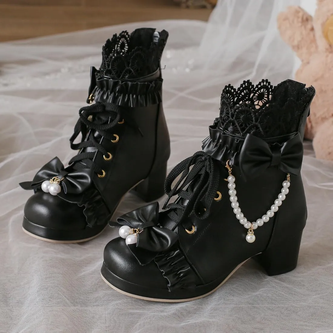 DINTAHA Kawaii Shoes For Women,Goth Lolita Platform Boots,Bow Ankle Boots Cute Sweet Cosplay Shoes