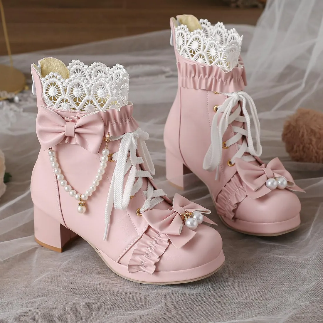 DINTAHA Kawaii Shoes For Women,Goth Lolita Platform Boots,Bow Ankle Boots Cute Sweet Cosplay Shoes