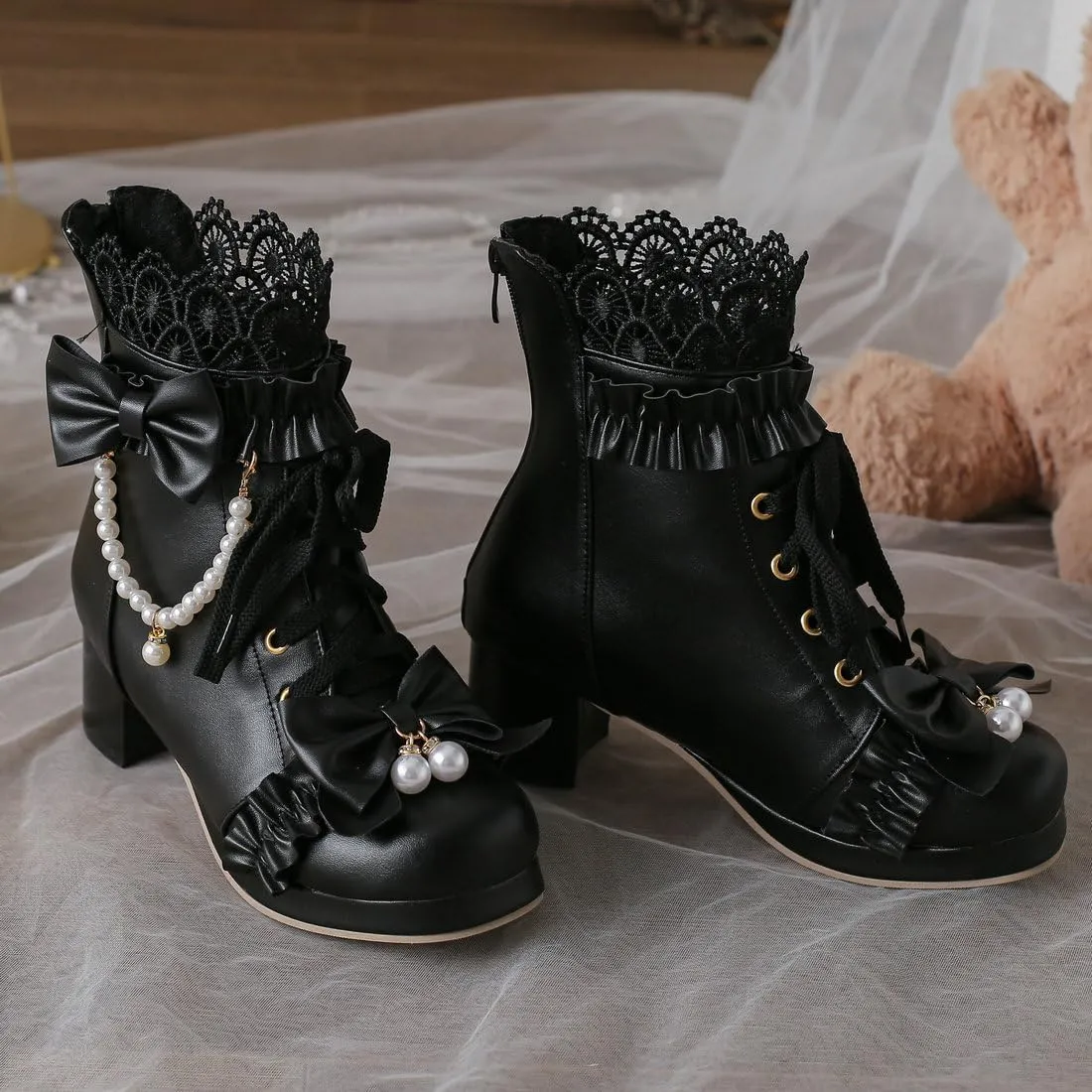 DINTAHA Kawaii Shoes For Women,Goth Lolita Platform Boots,Bow Ankle Boots Cute Sweet Cosplay Shoes