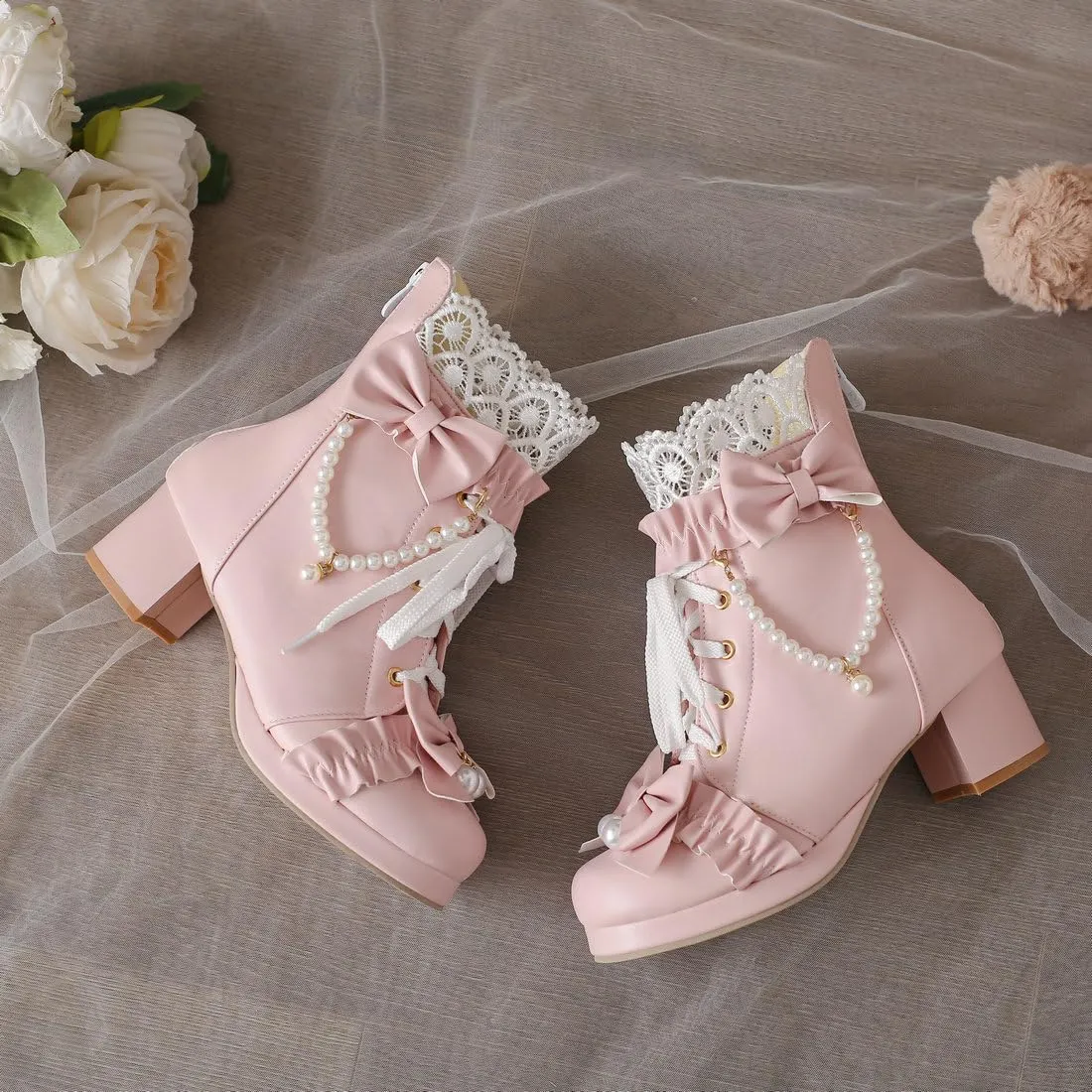 DINTAHA Kawaii Shoes For Women,Goth Lolita Platform Boots,Bow Ankle Boots Cute Sweet Cosplay Shoes