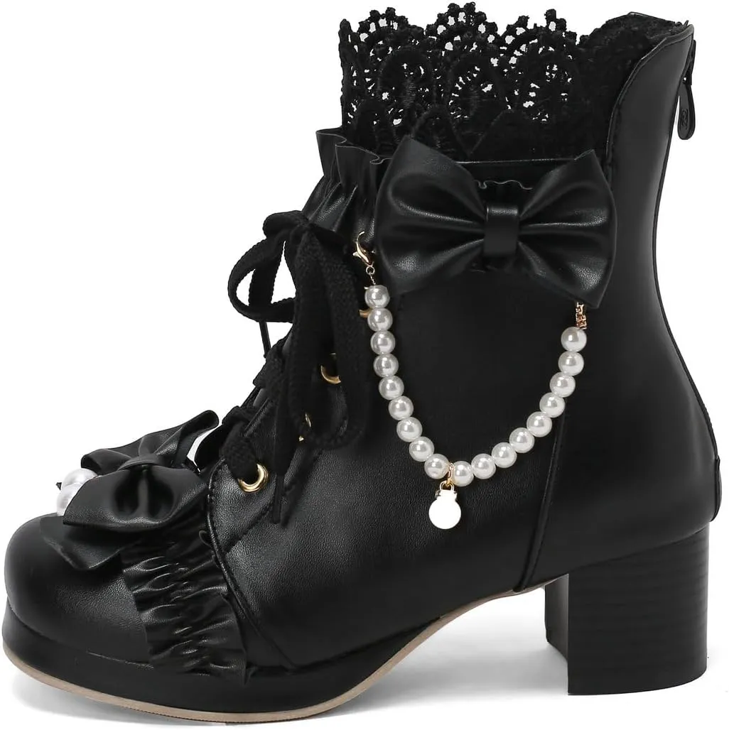 DINTAHA Kawaii Shoes For Women,Goth Lolita Platform Boots,Bow Ankle Boots Cute Sweet Cosplay Shoes