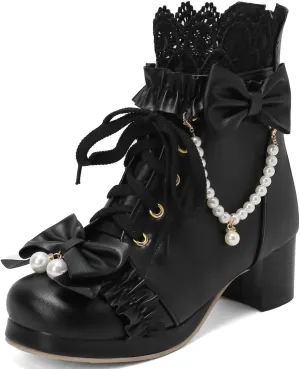 DINTAHA Kawaii Shoes For Women,Goth Lolita Platform Boots,Bow Ankle Boots Cute Sweet Cosplay Shoes