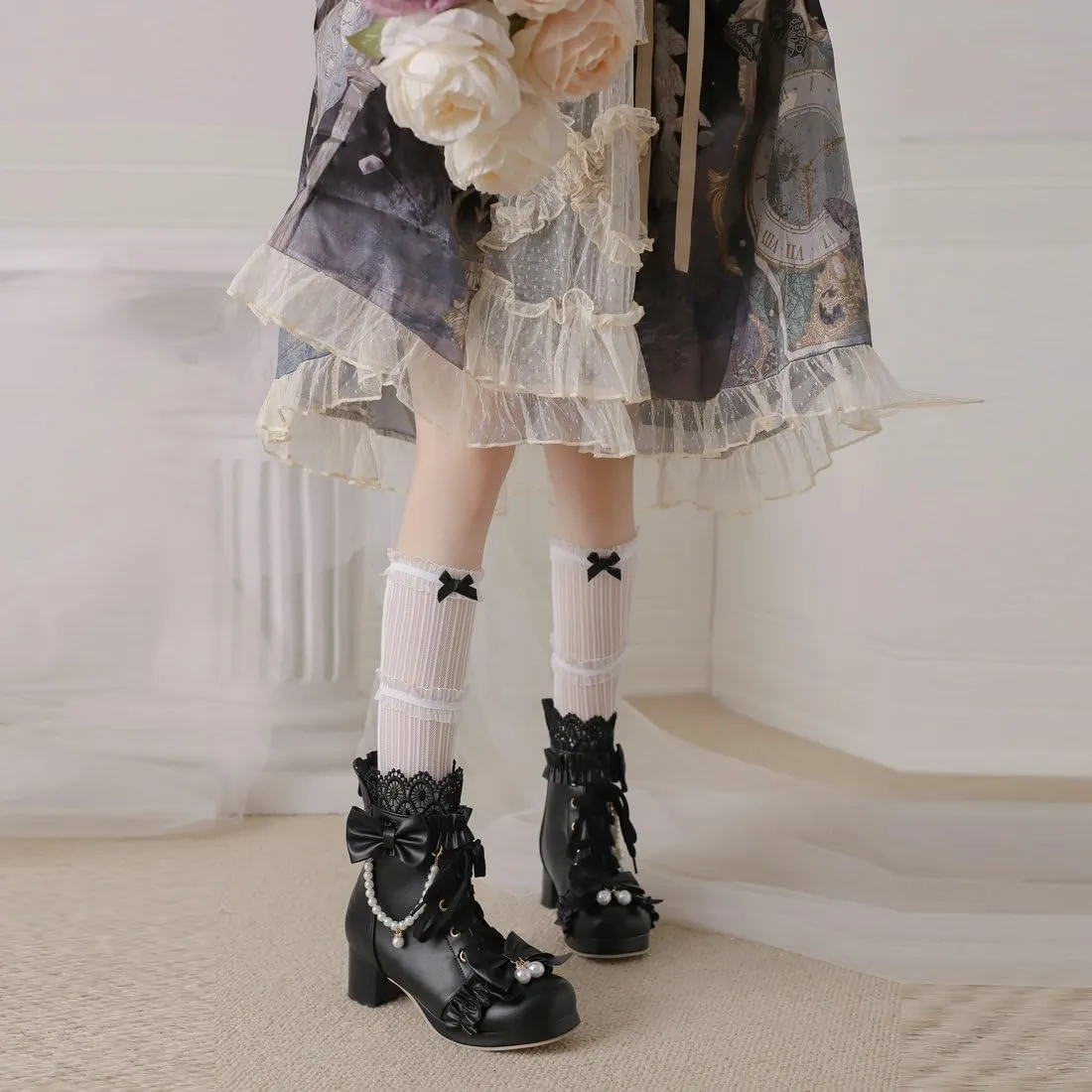 DINTAHA Kawaii Shoes For Women,Goth Lolita Platform Boots,Bow Ankle Boots Cute Sweet Cosplay Shoes
