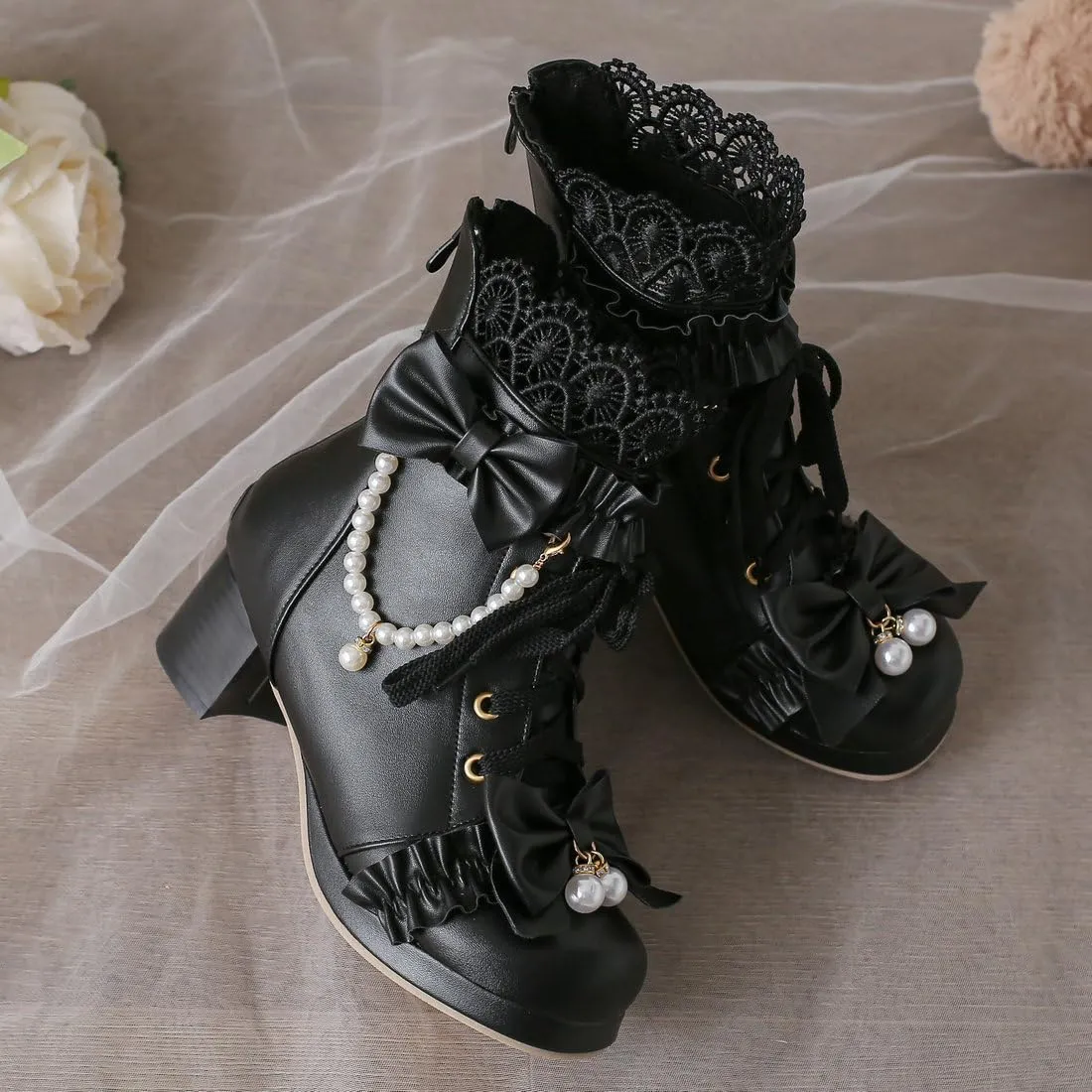 DINTAHA Kawaii Shoes For Women,Goth Lolita Platform Boots,Bow Ankle Boots Cute Sweet Cosplay Shoes